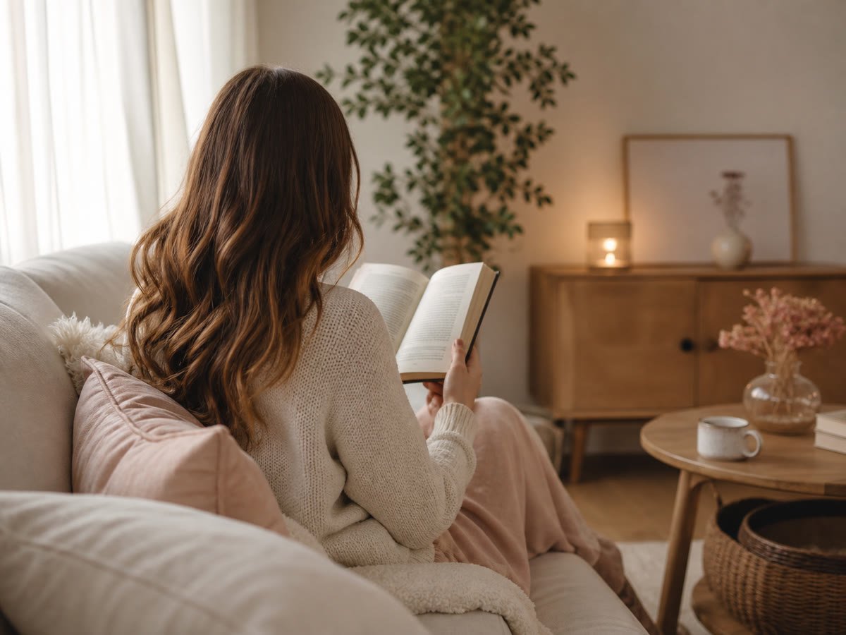Mujer sentada de espaldas en un sofá leyendo un libro