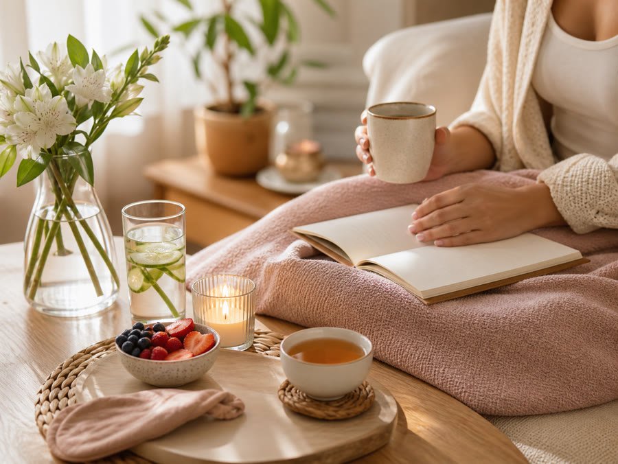 Rincón cozy con té y diario para una rutina de bienestar